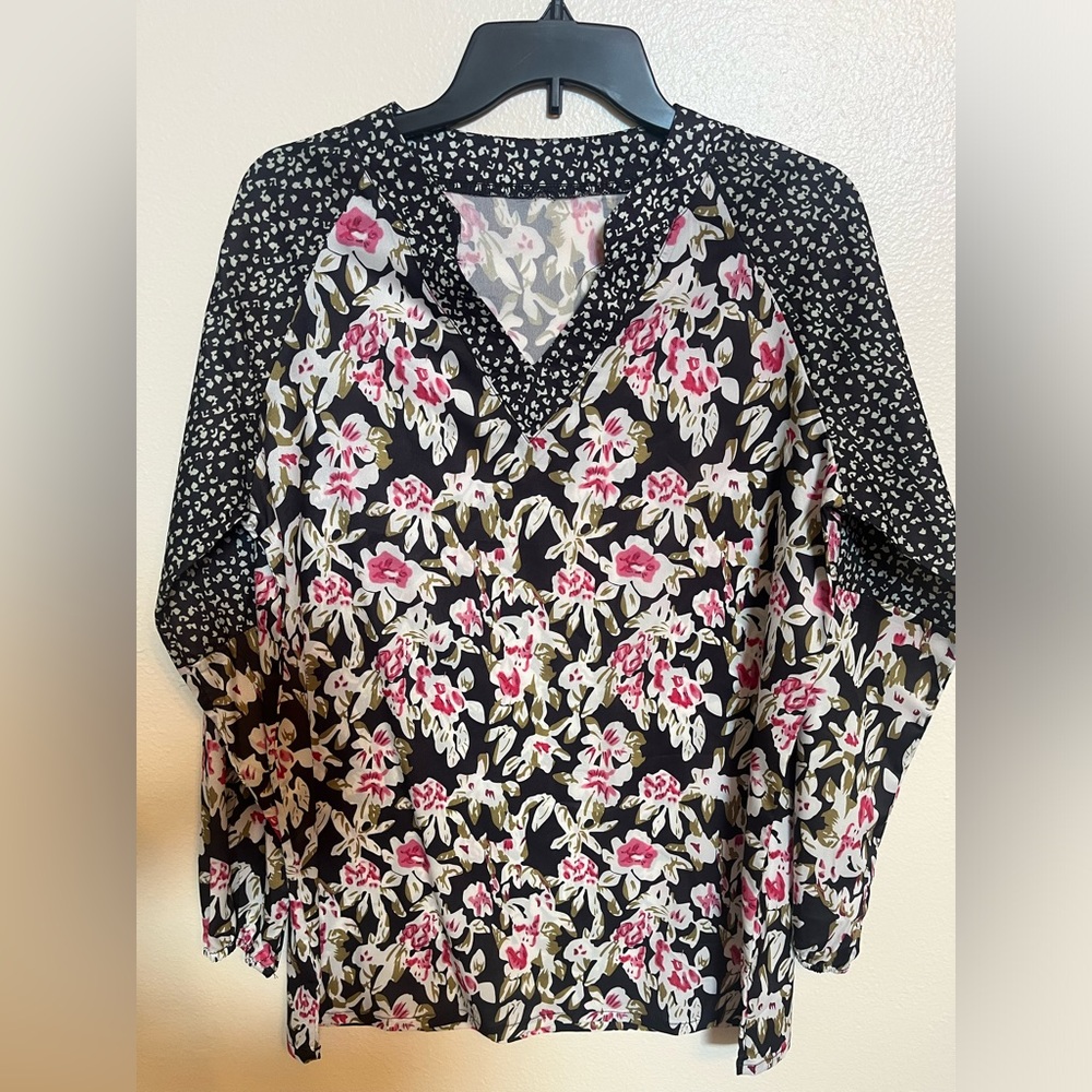 Used black, cream, pink floral top.